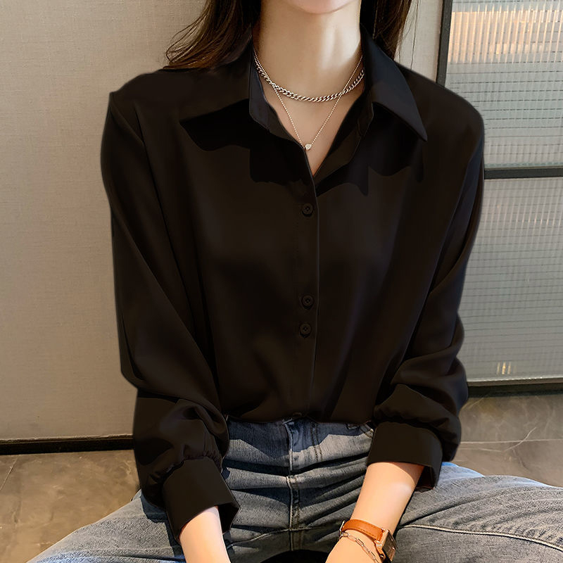 {19.9 YUAN CLEARANCE} VELVET THICKENED BLACK SHIRT WOMENS SPRING AND AUTUMN WEAR FASHION AND VERSATILE PROFESSIONAL CHIFFON TOP