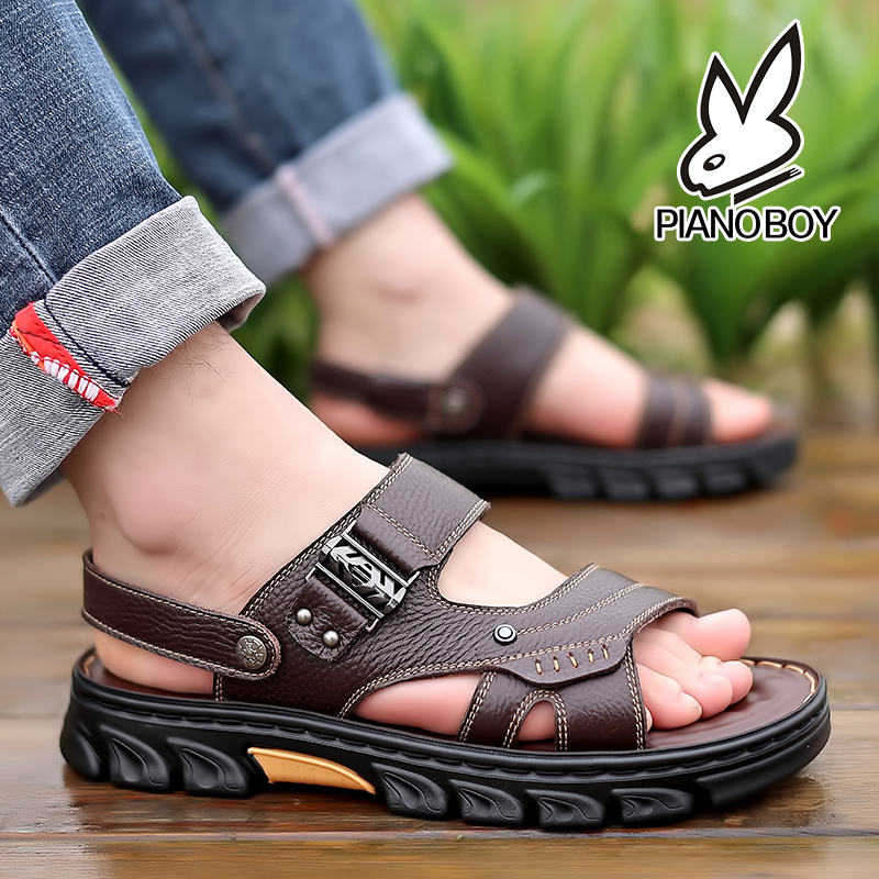MENS SANDALS NEW SUMMER LEATHER LATEX SOFT SOLE DAD CASUAL SANDALS WEAR TWO NON-SLIP BEACH SHOES