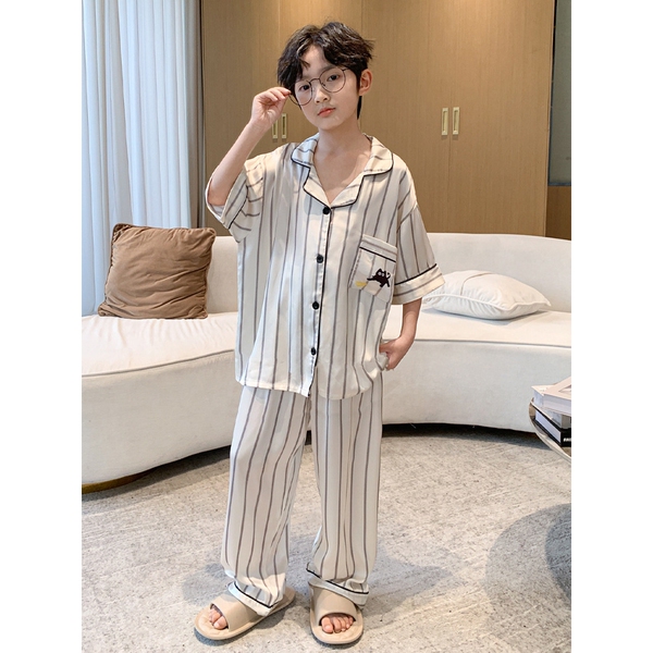 全棉纯棉冰丝睡衣男孩夏季短袖三件套中大童空调服2026新款家居服 — 4