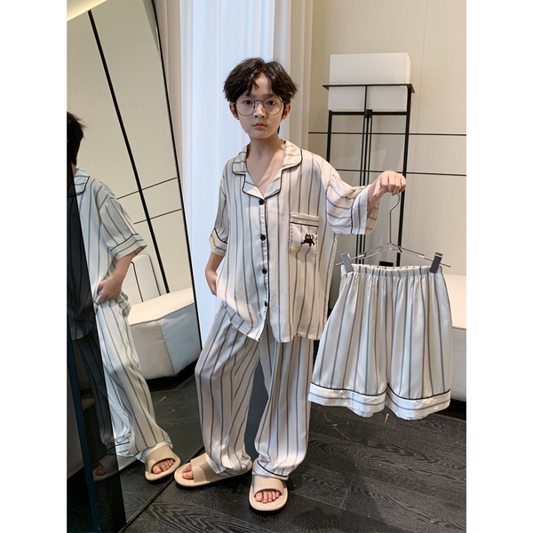 全棉纯棉冰丝睡衣男孩夏季短袖三件套中大童空调服2026新款家居服 — 2