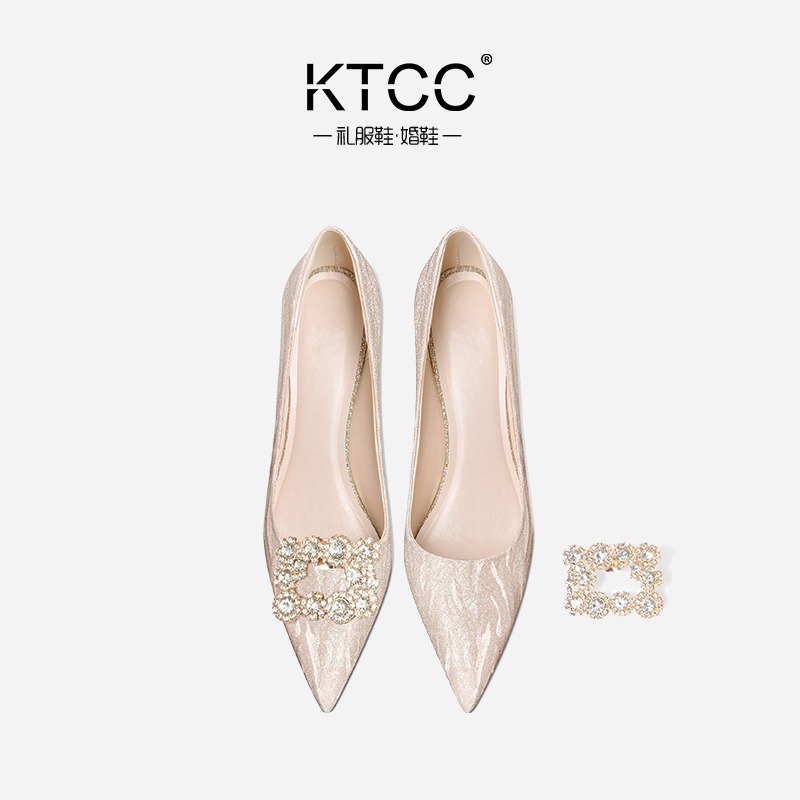 KTCC WEDDING SHOES BRIDAL SHOES 2024 NEW GOLD HIGH HEELS WOMENS KITTEN HEEL SQUARE BUCKLE RHINESTONE WEDDING DRESS CRYSTAL SINGLE SHOES