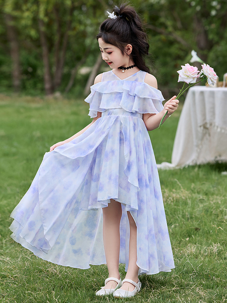 女童连衣裙2026新款夏季雪纺碎花洋气薄款女孩拖尾公主风裙子夏装