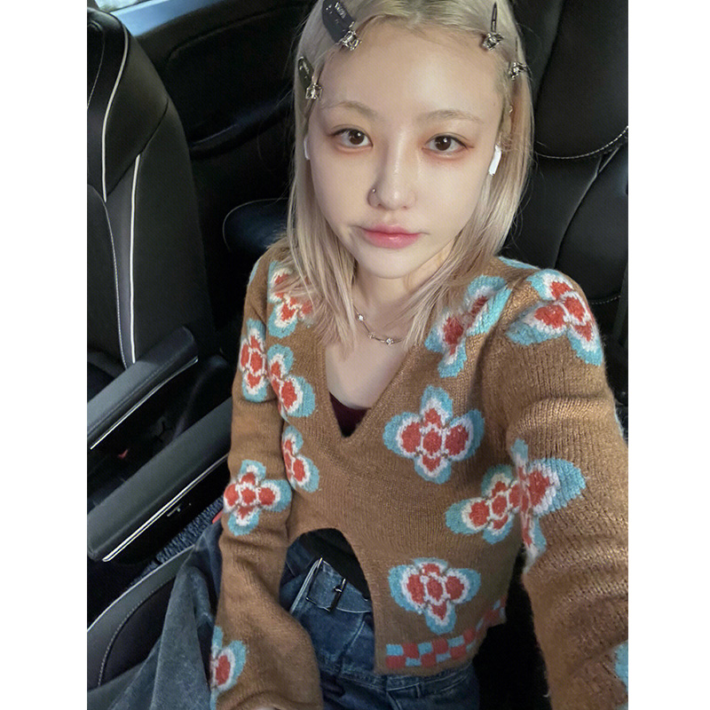 RETRO NICHE JACQUARD SLIT KNITWEAR SWEATER WOMENS AUTUMN WINTER 2022 NEW SLIM TEMPERAMENT FASHIONABLE PREMIUM TOP