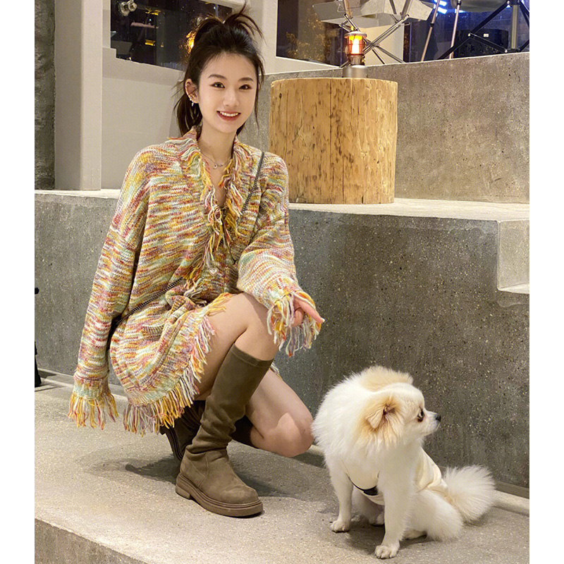 WINTER NEW RAINBOW TASSEL V-NECK KNITTED CARDIGAN JACKET 2022 DESIGN SENSE NICHE SMALL FRAGRANCE FASHION PREMIUM