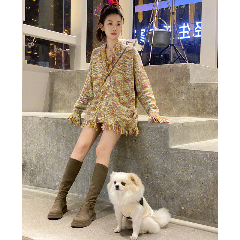 WINTER NEW RAINBOW TASSEL V-NECK KNITTED CARDIGAN JACKET 2022 DESIGN SENSE NICHE SMALL FRAGRANCE FASHION PREMIUM