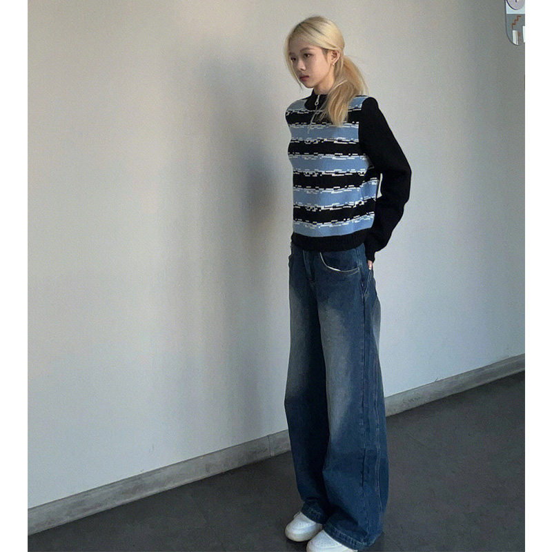 AUTUMN AND WINTER NEW CONTRASTING STRIPE HALF ZIPPER JACQUARD KNITTED SWEATER WOMENS 2022 LOOSE RETRO LUXURY NATIONAL TREND