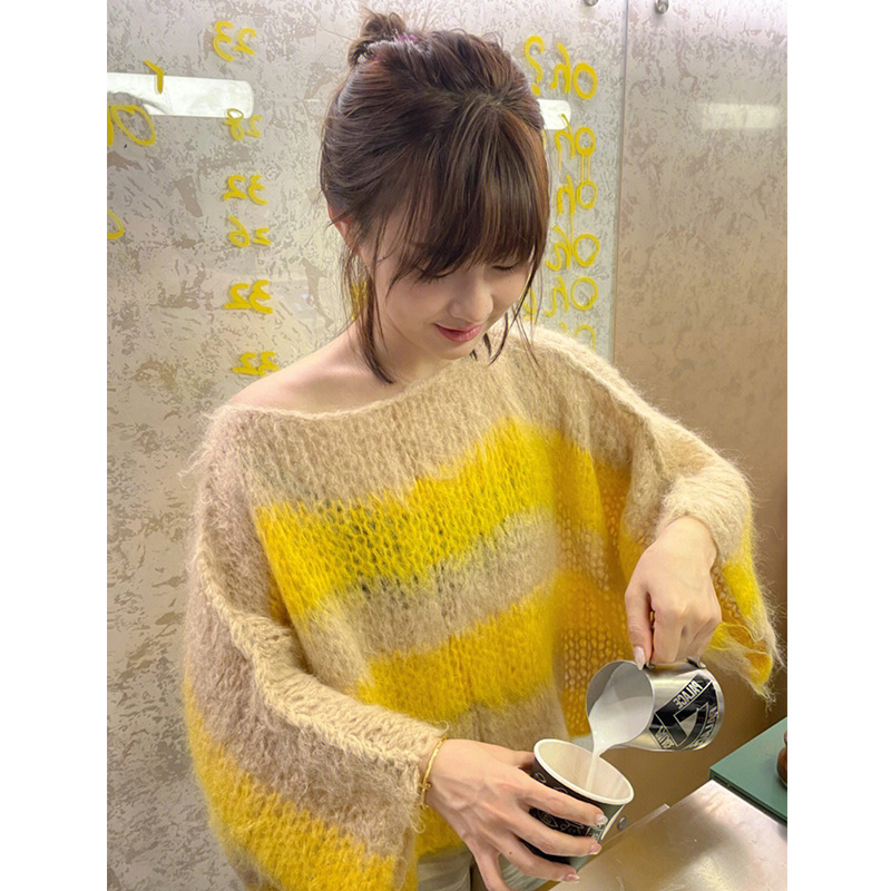 DESIGN SENSE MOHAIR WARM SOFT WAXY HIGH-END NICHE SWEATER WOMENS 2022 NEW COLOR CONTRAST COLOR TEMPERAMENT TRENDY