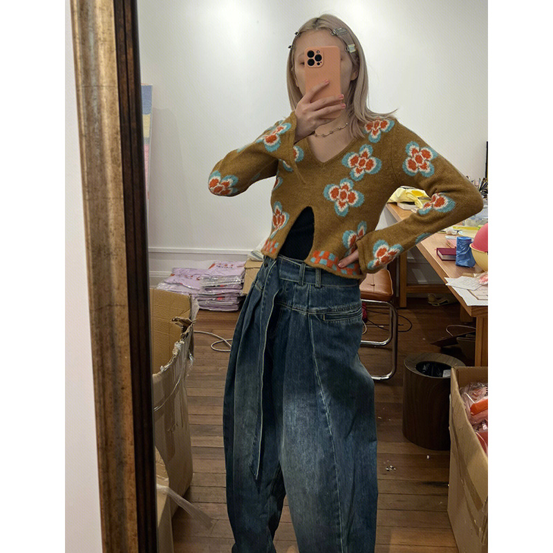 RETRO NICHE JACQUARD SLIT KNITWEAR SWEATER WOMENS AUTUMN WINTER 2022 NEW SLIM TEMPERAMENT FASHIONABLE PREMIUM TOP