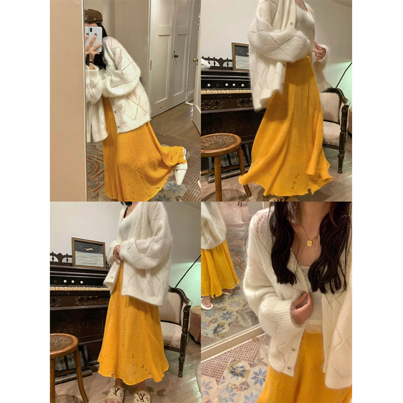 KOREAN VERSION OF GENTLE STYLE WHITE CUT-OUT RHOMBIC CARDIGAN SWEATER 2022 AUTUMN NEW LOOSE CASUAL FASHION SKIRT
