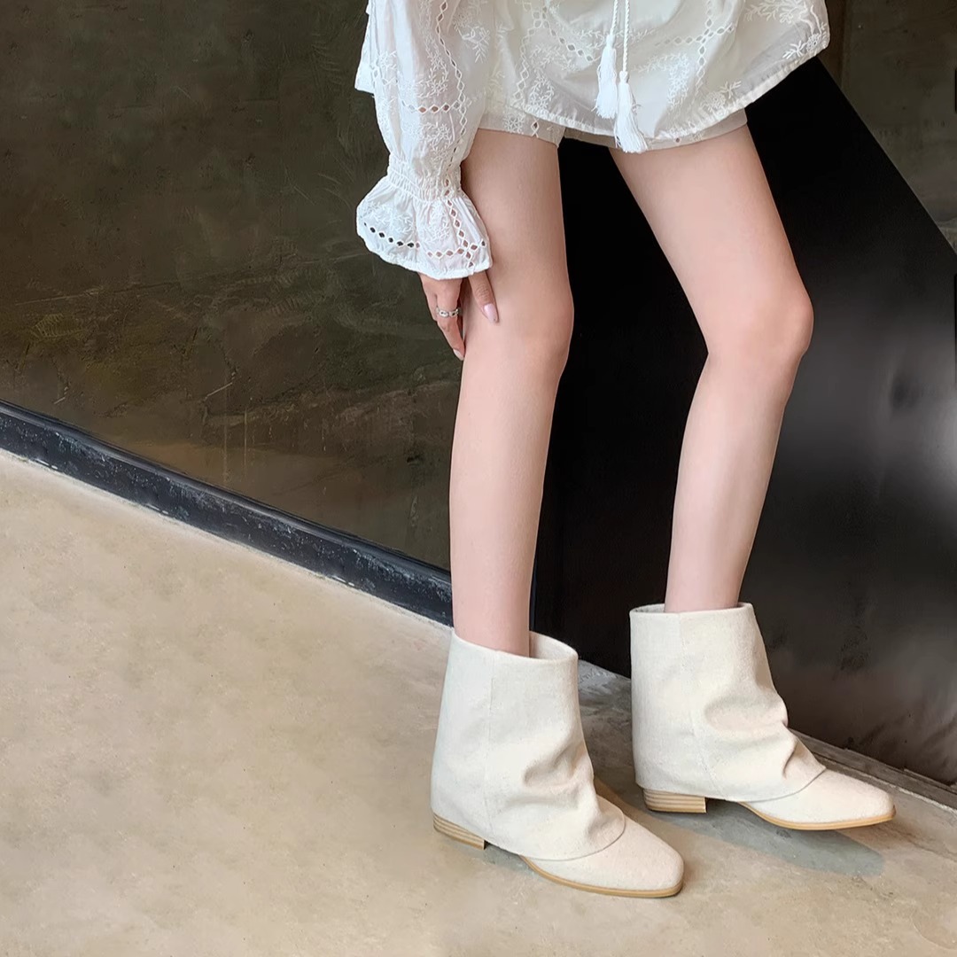 CENTRE&KALEM FALL 2024 KOREAN DENIM FASHION BOOTS SLIM POINTED TOE BLOCK HEELED BOOTS WOMENS BOOTS