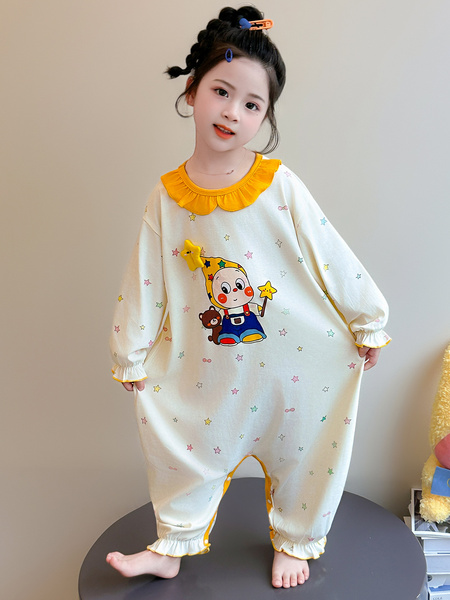 女童连体睡衣春秋季纯棉薄款长袖儿童莫代尔家居服夏季宝宝小女孩