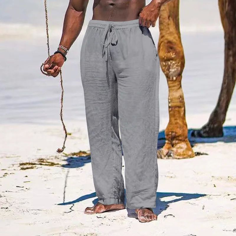 MENS COTTON LINEN PANTS CASUAL LOOSE STRAIGHT PANTS LIGHTWE
