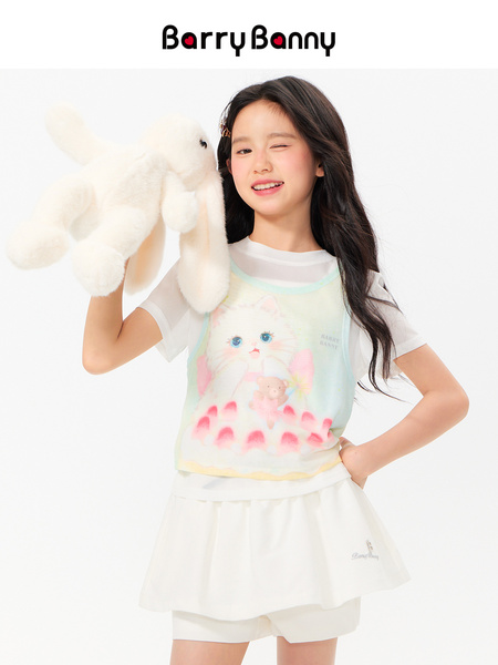 BarryBanny女童猫咪透气T恤2026夏季新款儿童假两件轻薄短袖上衣 — 5