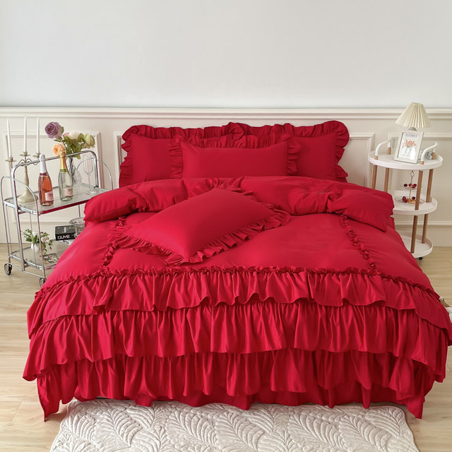 Nantong home solid color princess style quilt cover sheet bed skirt four-piece set cotton washing cotton internet celebrity style winter