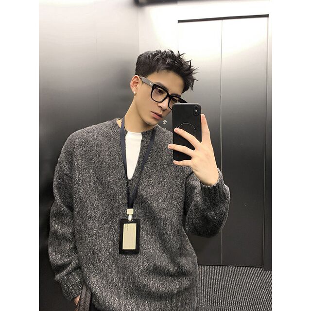 Winter retro warm V-neck solid color lazy sweater A men's casual pullover jacket autumn couple sweater high-end