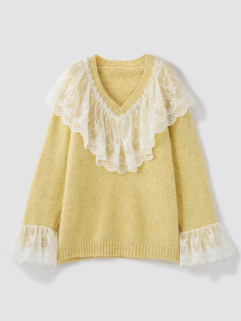 
Shangchao Women's Clothing 2025 Spring New Knitted Sweater Loose Pullover Lace Flared Sleeve V-neck Sweater