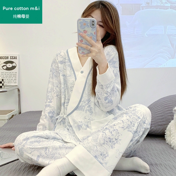 全棉孕妇睡衣纯棉月子服春秋季新款带胸垫产后怀孕期产妇哺乳家居