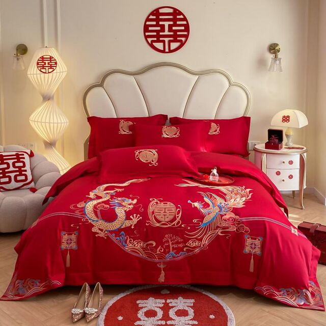 High-end Dragon and Phoenix Embroidery Wedding Four-Piece Cotton 2024 New Big Red Bedding Sheets and Quilt Cover Wedding Bedding
