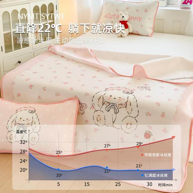 Children's cartoon ice silk mat three-piece set 2025 new cool mat machine-washable student dormitory cool bed sheets