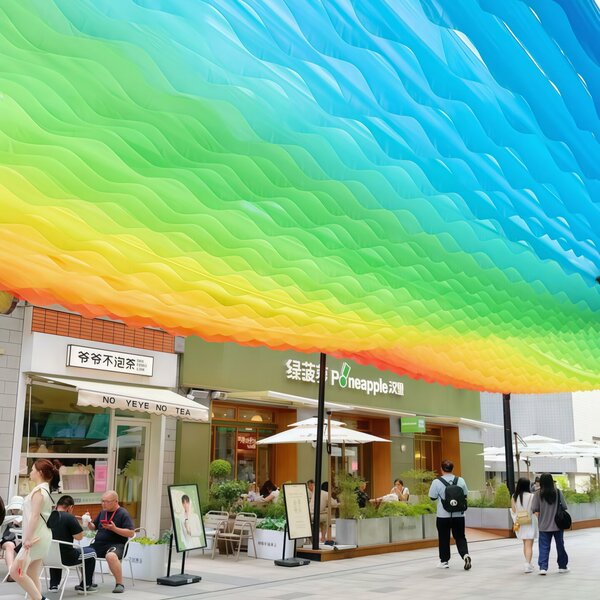 风动纱幔彩色波浪纱幔打卡拍照圣地网红街道吊顶纱幔商业街装饰幔
