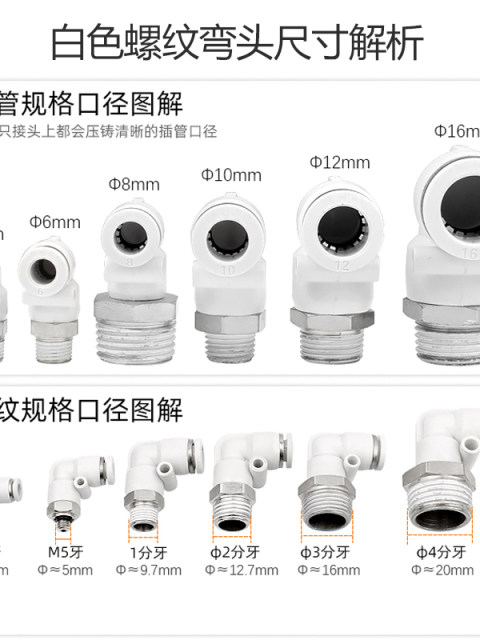 白色气动接头气管外螺纹快插弯头CPL10/12/4/6/8-02-03-01-04-M5