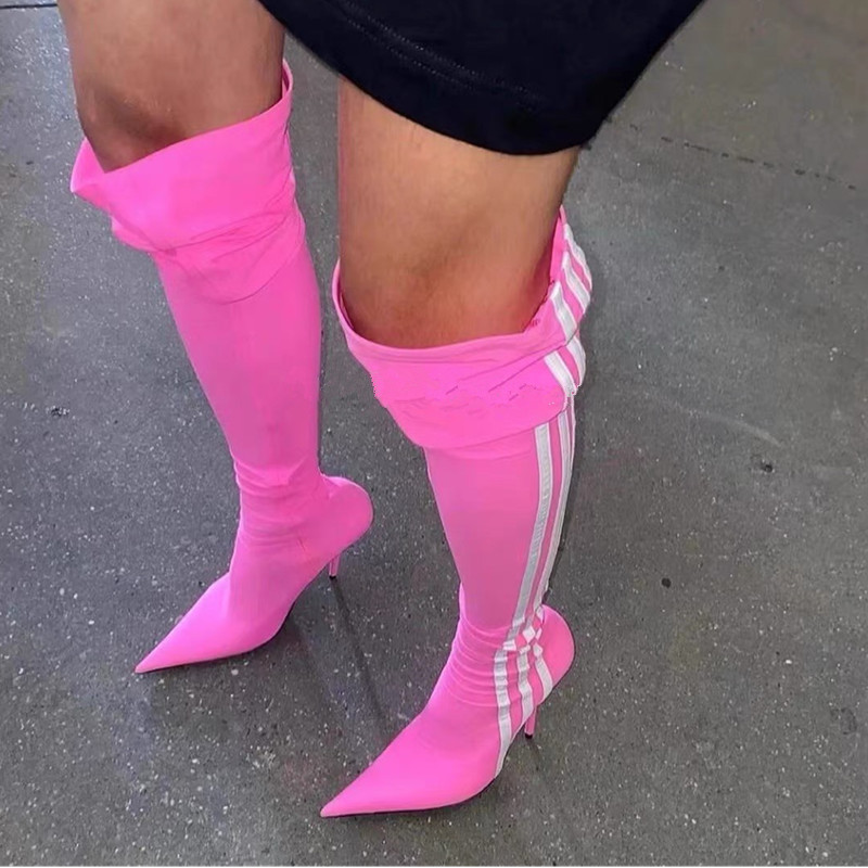 EUROPEAN AND AMERICAN NEW SUPER POINTED FASHION STRIPED ELASTIC SOCKS BOOTS STILETTO HIGH-HEELED OVER-THE-KNEE STOVEPIPE BLACK AND WHITE BAR COLOR MATCHING SOCKS BOOTS