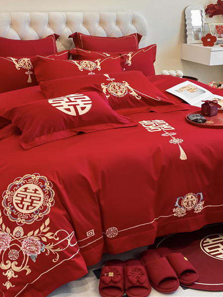 高档中式结婚四件套大红色婚庆纯棉被套婚房喜被新婚陪嫁床上用品