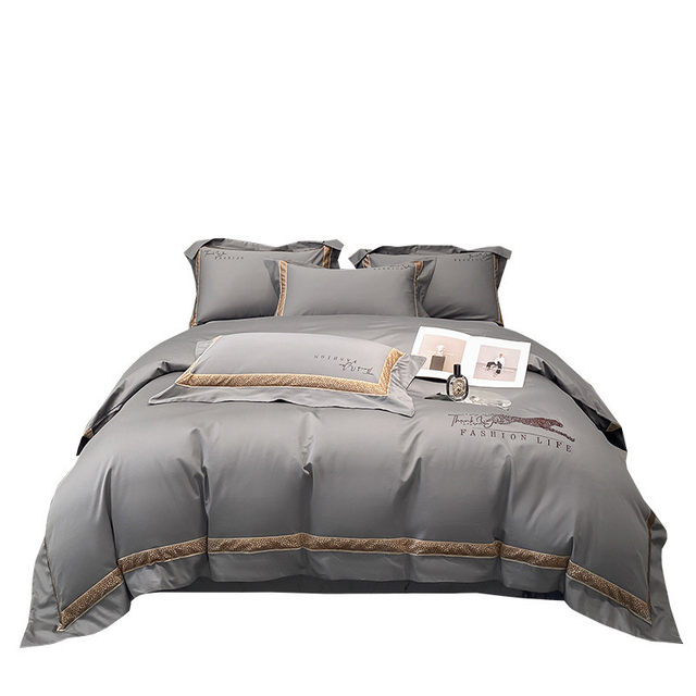 High-end light luxury 140s double strand long cotton embroidery four-piece set super soft pure cotton bed sheet household full quilt cover quilt cover