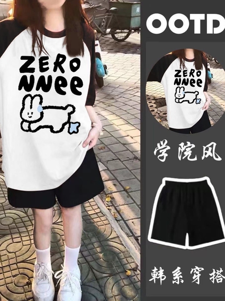 女童穿搭新款夏季两件套装宽松短袖T恤上衣运动五分短裤ins中大童 — 2