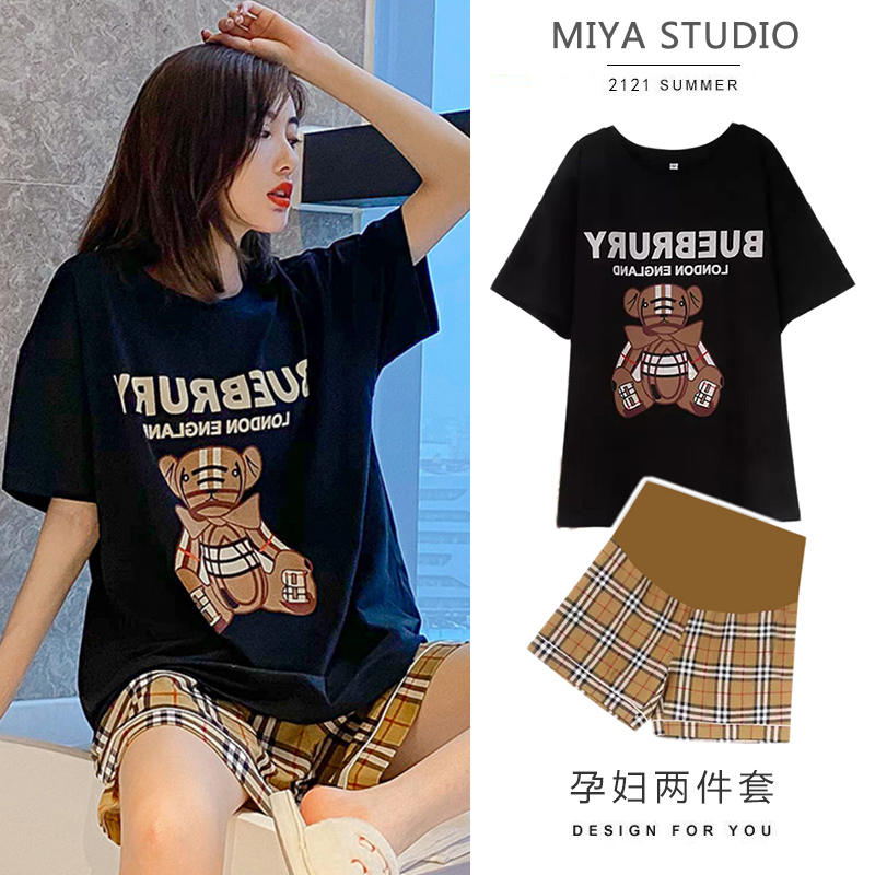 PREGNANT WOMENS SUMMER SUITS FASHIONABLE OUTINGS INTERNET CELEBRITIES SHORT-SLEEVED BEAR TOPS SUMMER CASUAL SPORTS SUMMER TWO-PIECE SUITS
