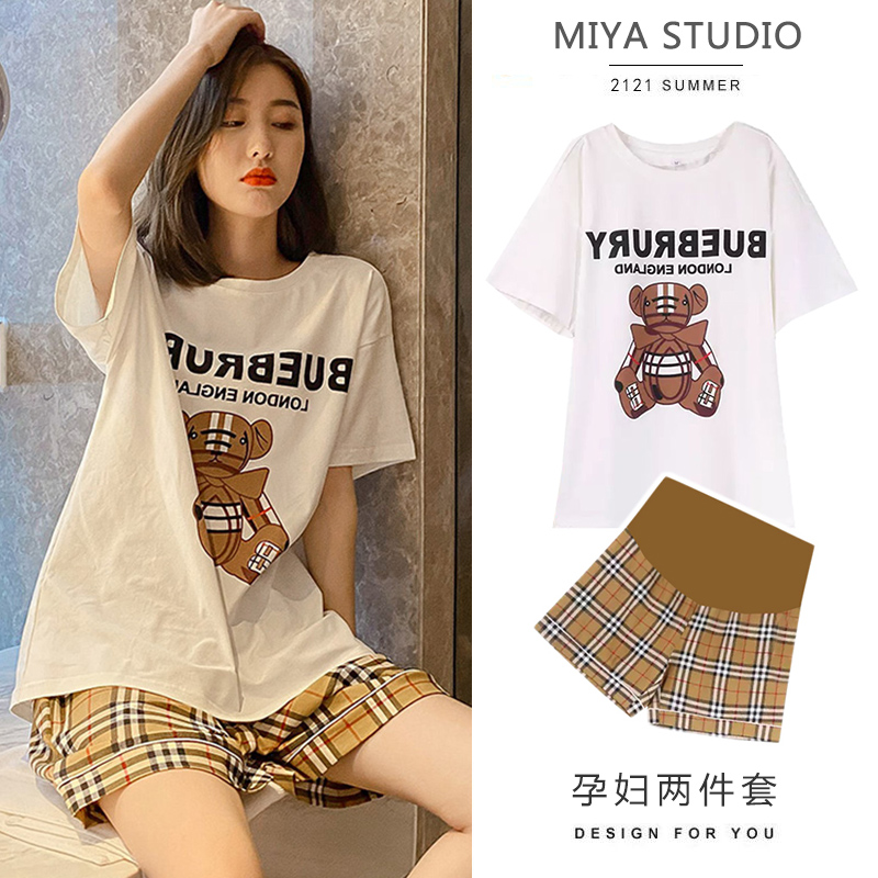 PREGNANT WOMENS SUMMER SUITS FASHIONABLE OUTINGS INTERNET CELEBRITIES SHORT-SLEEVED BEAR TOPS SUMMER CASUAL SPORTS SUMMER TWO-PIECE SUITS