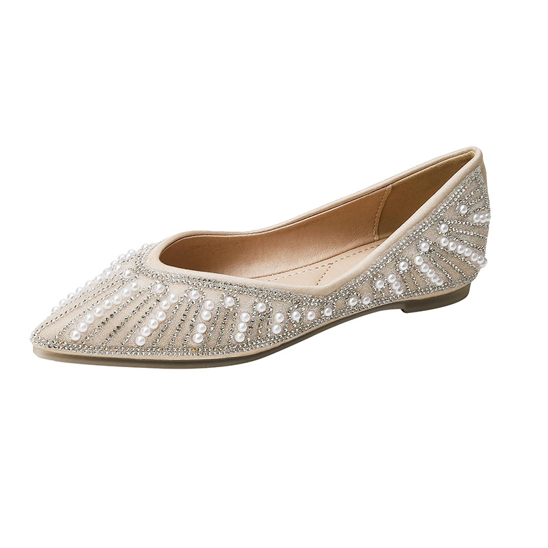 MEILING FLAT SOLE FEMALE SUMMER 2022 KOREAN VERSION SOFT SOLE SOFT LEATHER POINTED PEARL RHINESTONE PUMPS
