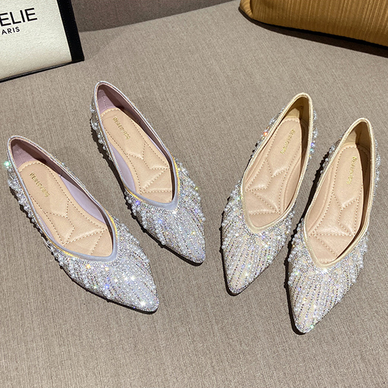 MEILING FLAT SOLE FEMALE SUMMER 2022 KOREAN VERSION SOFT SOLE SOFT LEATHER POINTED PEARL RHINESTONE PUMPS