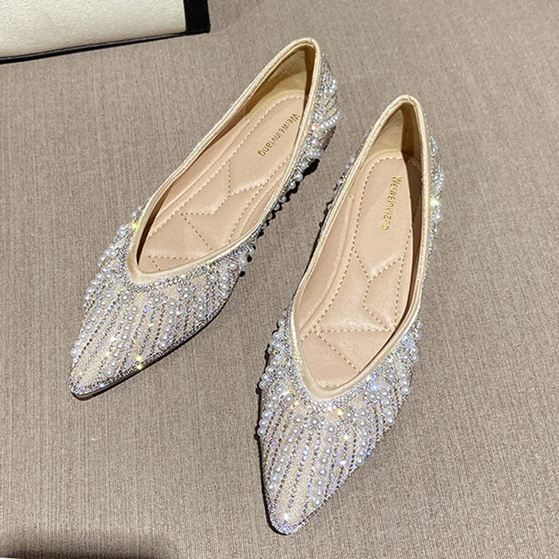 MEILING FLAT SOLE FEMALE SUMMER 2022 KOREAN VERSION SOFT SOLE SOFT LEATHER POINTED PEARL RHINESTONE PUMPS