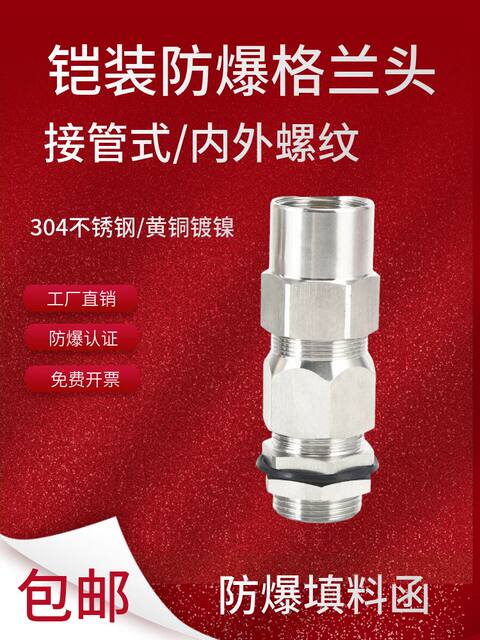 接管式铠装防爆格兰头不锈钢填料函金属电缆夹紧双密封接头内外丝