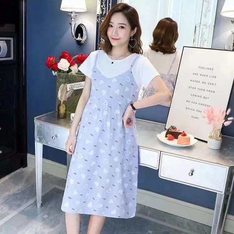 MATERNITY CLOTHES SUMMER CLOTHES PLUS-SIZE SHORT-SLEEVED KOREAN VERSION CASUAL AND FOREIGN FASHIONABLE LOOSE MID-LENGTH FAKE TWO-PIECE PRINTED DRESS