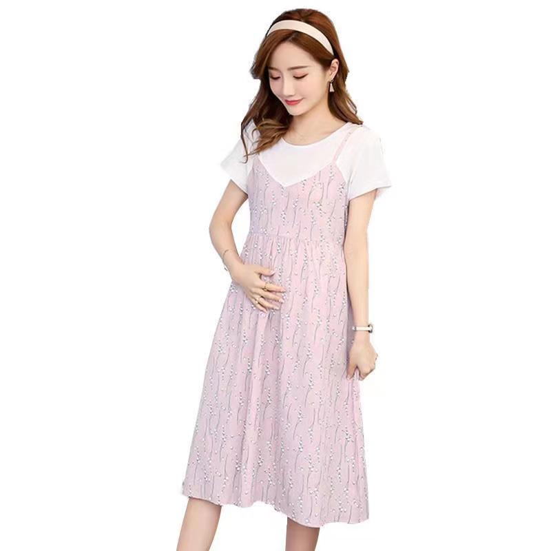 MATERNITY CLOTHES SUMMER CLOTHES PLUS-SIZE SHORT-SLEEVED KOREAN VERSION CASUAL AND FOREIGN FASHIONABLE LOOSE MID-LENGTH FAKE TWO-PIECE PRINTED DRESS