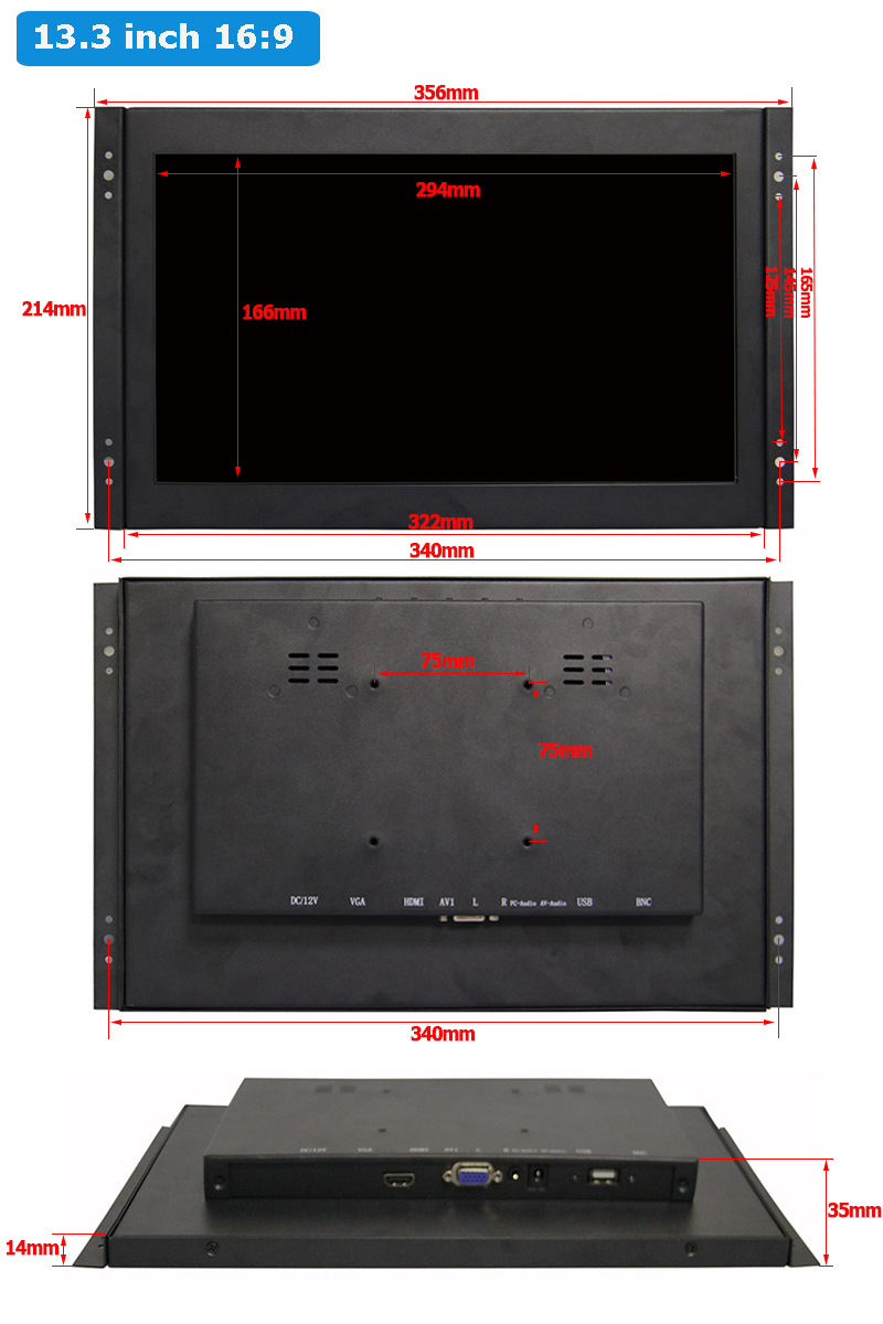 13.3 INCH HD MONITOR INDUSTRIAL EMBEDDED OPEN FRAME TOUCH MONITOR 1080P HDMI VGA USB