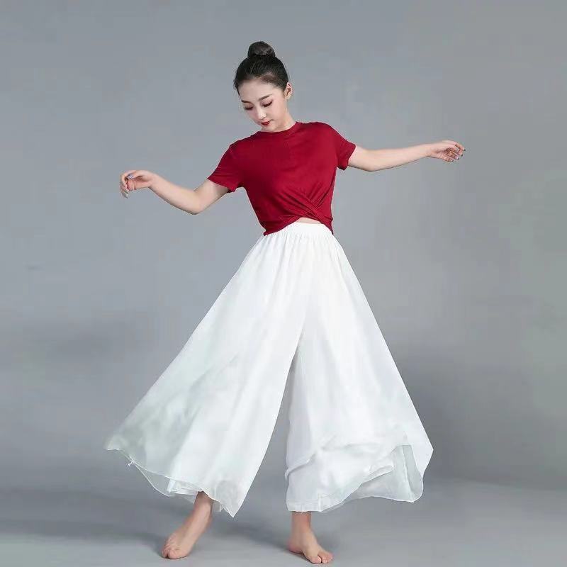 [SUIT] DANCE COSTUMES WOMENS KNOTTED CROP TOPS SHORT-SLEEVED TOPS MODERN DANCES FLOWING DRAPES CHIFFON WIDE-LEG HAKAMA