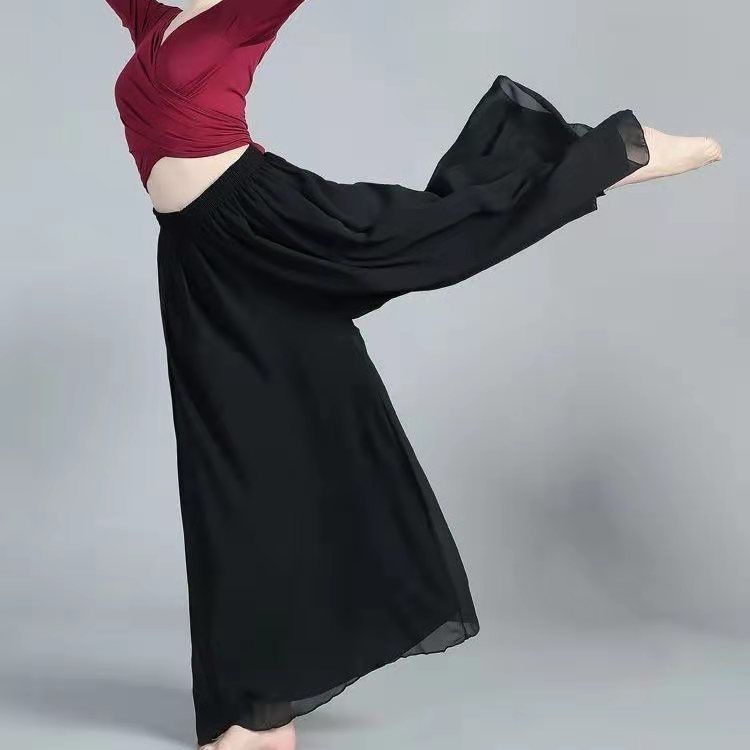 [SUIT] DANCE COSTUMES WOMENS KNOTTED CROP TOPS SHORT-SLEEVED TOPS MODERN DANCES FLOWING DRAPES CHIFFON WIDE-LEG HAKAMA