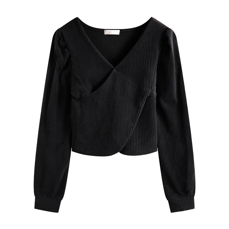 AUTUMN AND WINTER NEW V-NECK IRREGULAR BUBBLE LONG SLEEVE T-SHIRT UNDERSHIRT WOMEN