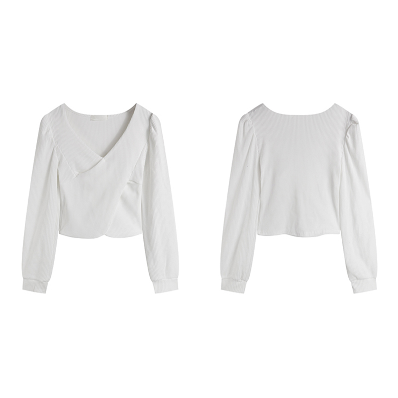 AUTUMN AND WINTER NEW V-NECK IRREGULAR BUBBLE LONG SLEEVE T-SHIRT UNDERSHIRT WOMEN