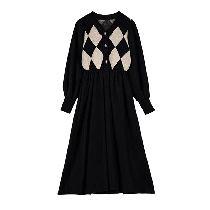 [HALF PRICE TODAY] BLACK SMALL FRAGRANCE DRESS WOMENS AUTUMN RHOMBIC LONG KNITTED SWEATER DRESS WOMEN