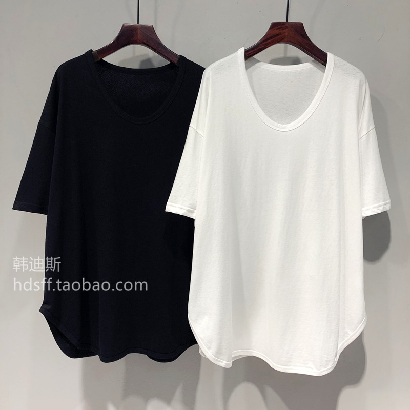 FOREIGN TRADE ORIGINAL SINGLE WITHDRAWAL CABINET TAIL GOODS SHORT-SLEEVED T-SHIRT WOMENS SUMMER KOREAN VERSION LOOSE AND LAZY BF WIND CURVED HEM U-NECK TOP