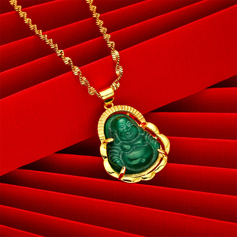SMALL FU BUDDHA PENDANT BRASS ORNAMENT SMILING BUDDHA INLAID WHITE JADE PENDANT CUTE BUDDHA PENDANT NECKLACE