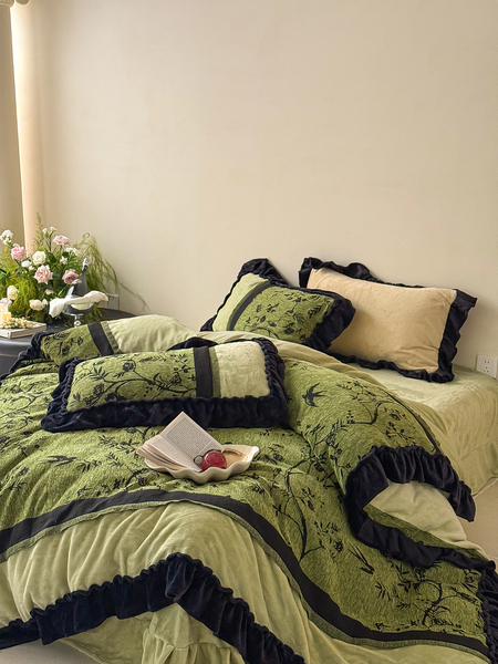 法式中古风花卉牛奶绒四件套荷叶花边加厚加绒被套珊瑚绒床单床品