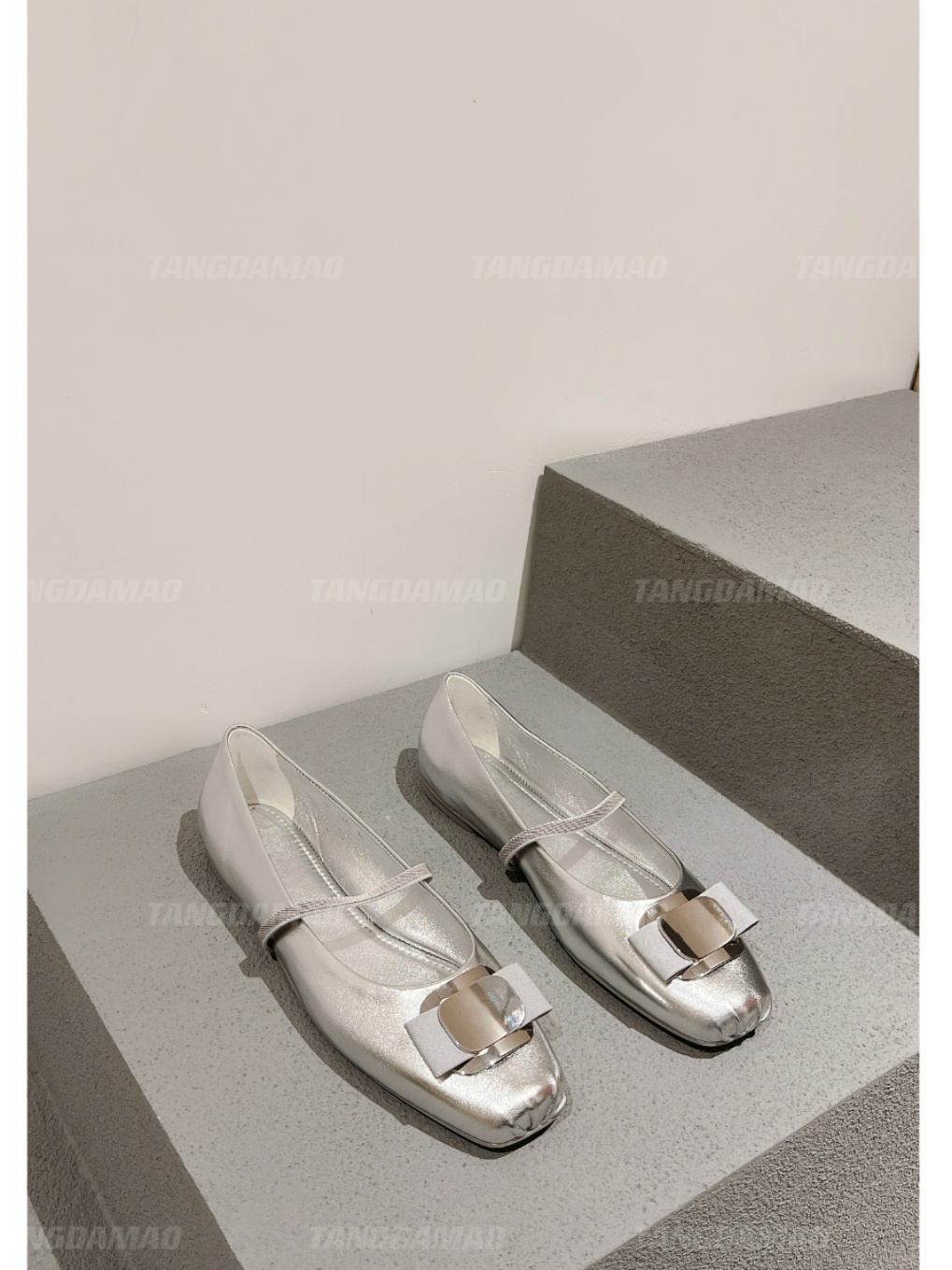 DON BIG CAT SILVER BALLET SHOES WOMENS SPRING 2025 NEW BOW FLAT LEATHER MARY JANE SHOES SINGLE SHOES