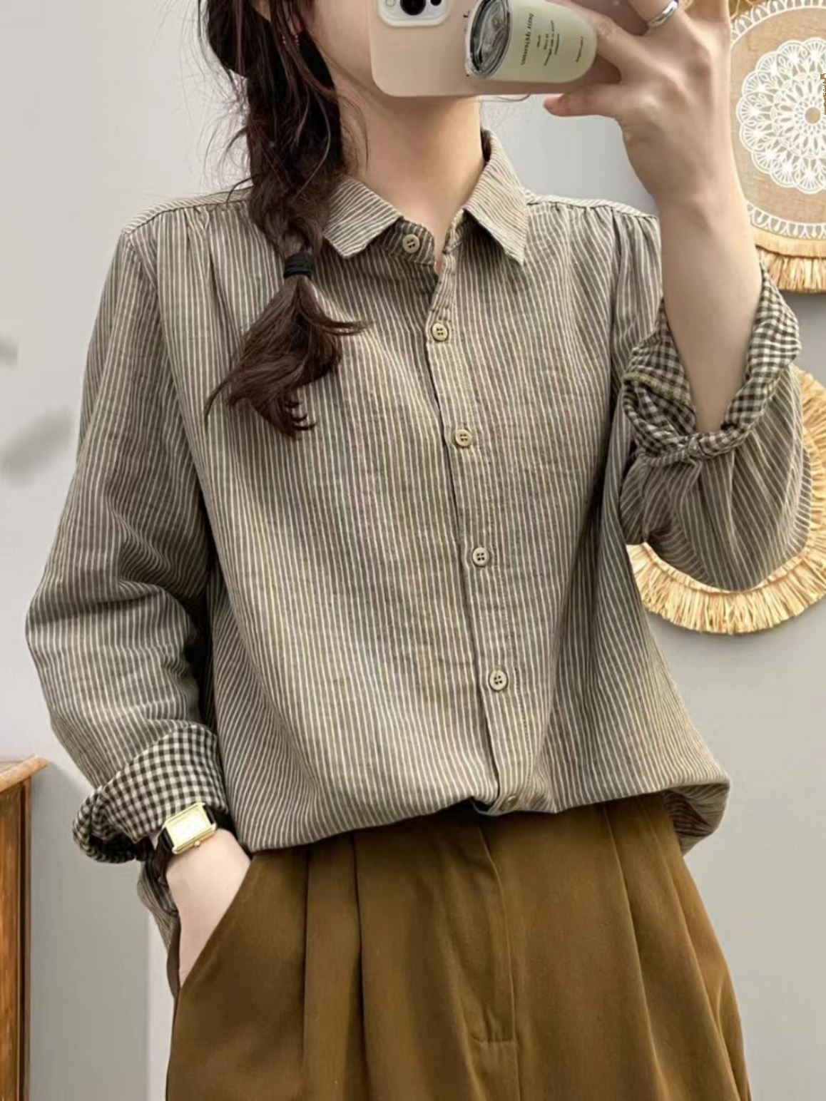 纯棉文艺复古细条纹衬衫女全棉棉纱长袖衬衣春秋新款百搭宽松上衣
