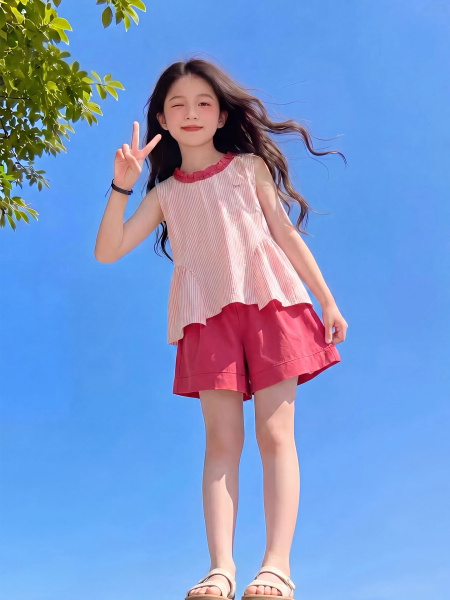 女童夏套装2026新款洋气儿童时髦条纹多巴胺两件套女孩夏季衣服潮