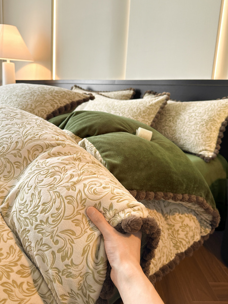 法式兔毛球雕花牛奶绒床上四件套冬季珊瑚绒被套床单床笠款三件套